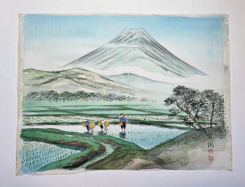 Original Shi Fuguo Silk Painting Japanese Vintage Scroll Picture Signed Mt Fuji