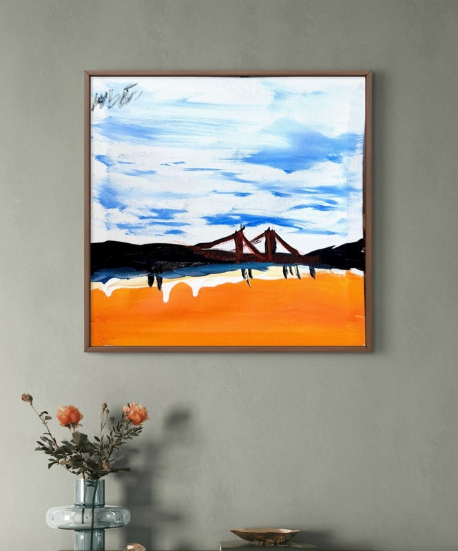Expressionist Golden Gate Bridge Ocean 10x10 Acrylic Original Signed Canvas gallery