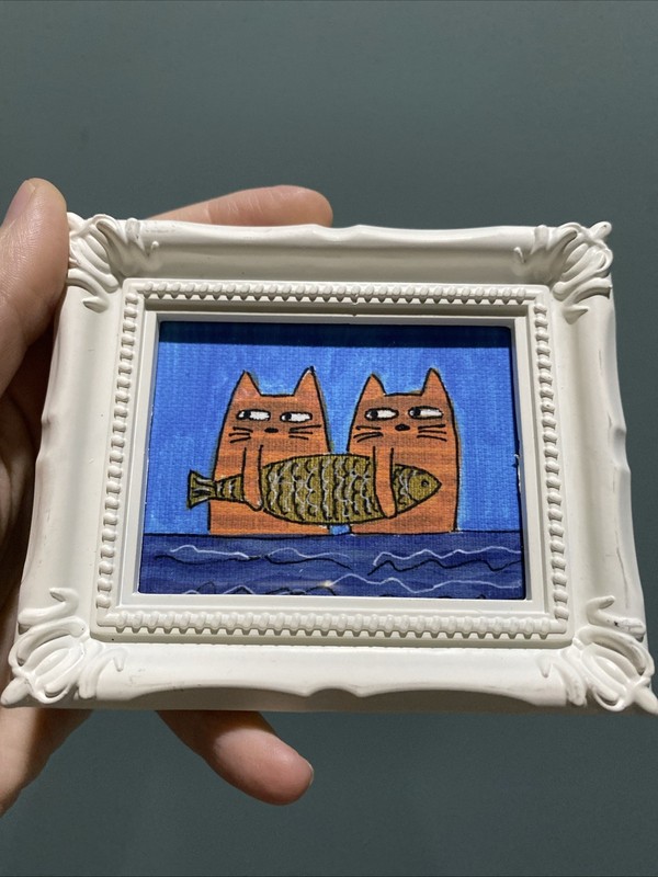 PRINT Cats And Fish Cute,funny, Painting,framed,miniature,small,mini