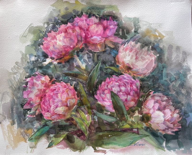 PEONIES – Indiana Nika Zakharov ORIGINAL SIGNED WATERCOLOR Impressionism