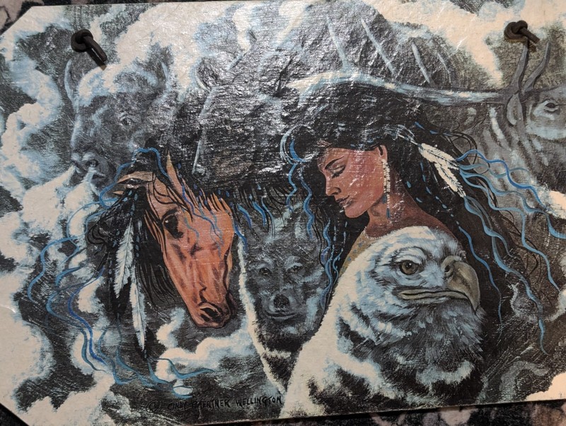 Vtg Moonbrook Art Print Indian Girl Horse Wolf Owl Buffalo Roofing Slate RARE gallery