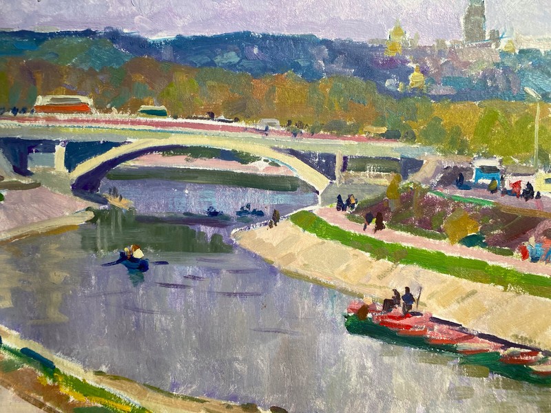 :: ÖLGEMÄLDE STADTANSICHT MIT BRÜCKE UND FLUß IN RUSSLAND BOOTE UND MESCHEN gallery