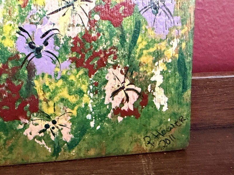 Whimsical Folk Art Style Painting Deer And Fawn On Wooden Plaque Signed 2011 gallery