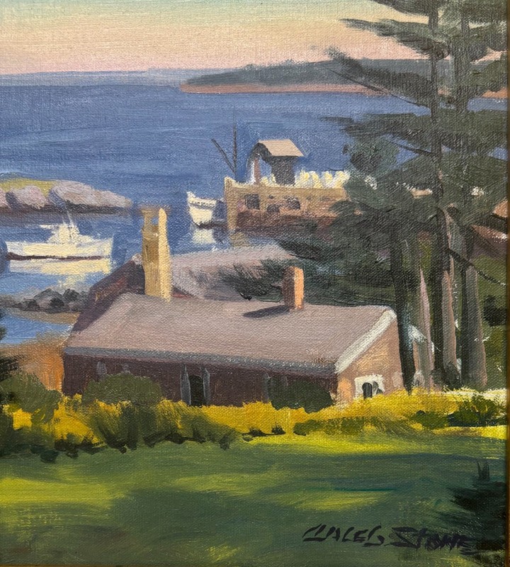 Vintage CALEB STONE 'Harbor View Cabots Cove Boats MONHEGAN MAINE' Oil PAINTING gallery