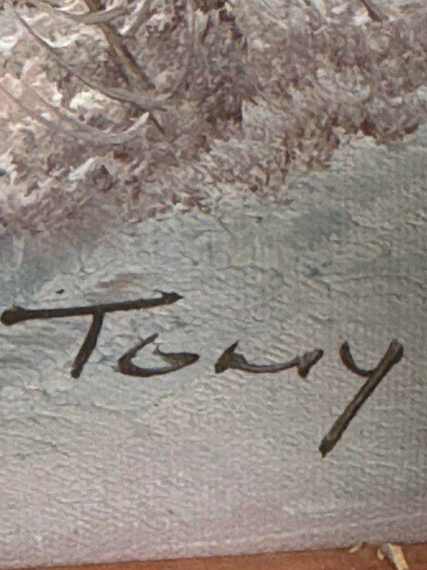 Vintage Original Winter Landscape Oil Painting on Canvas Signed Tony 25x13 Mauve gallery