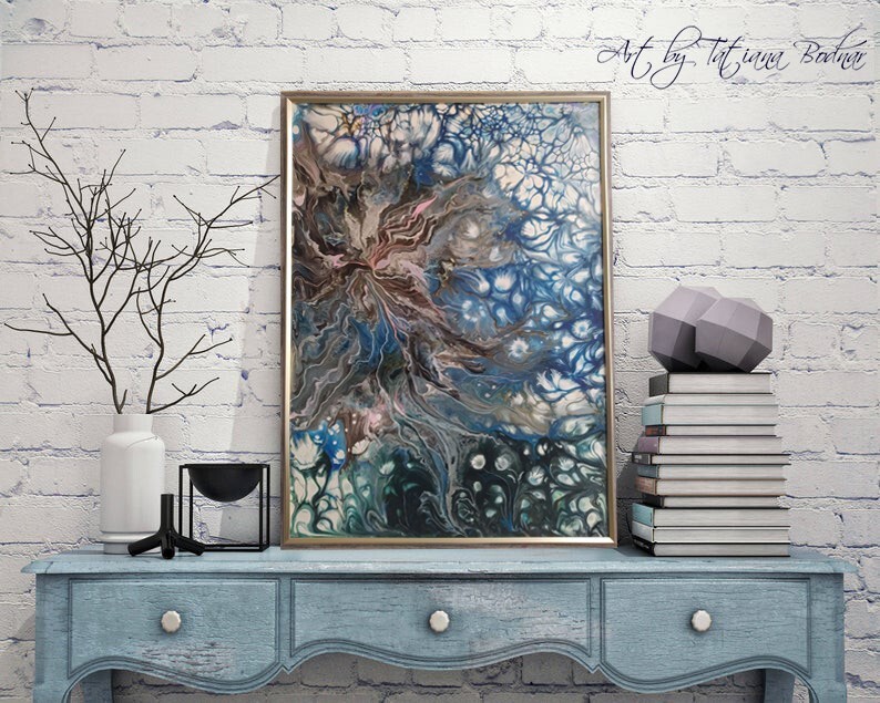 Acrylic pour painting on panel Fluid art Abstract blue framed painting 28x20" gallery