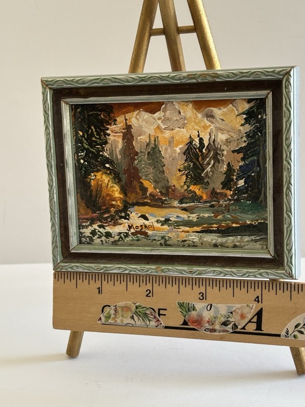 Vtg Mini Original Autumn Mountain Stream Landscape Painting Framed On Easel 3x4” gallery
