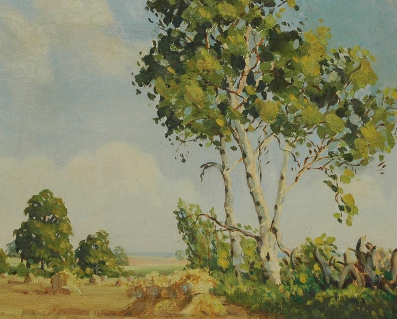 1939 Antique Painting of Birch Tree & Haystacks Landscape – Kilbride Ireland