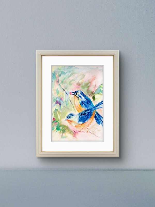 Original  Blue Birds Watercolor Painting  9 X 12  Paper Fine Art Decor 