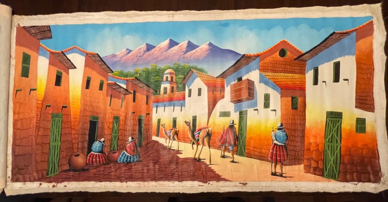 Beautiful Hand Painted Canvas made in Peru. Cuzco & Incan themes. Large 63×28 in