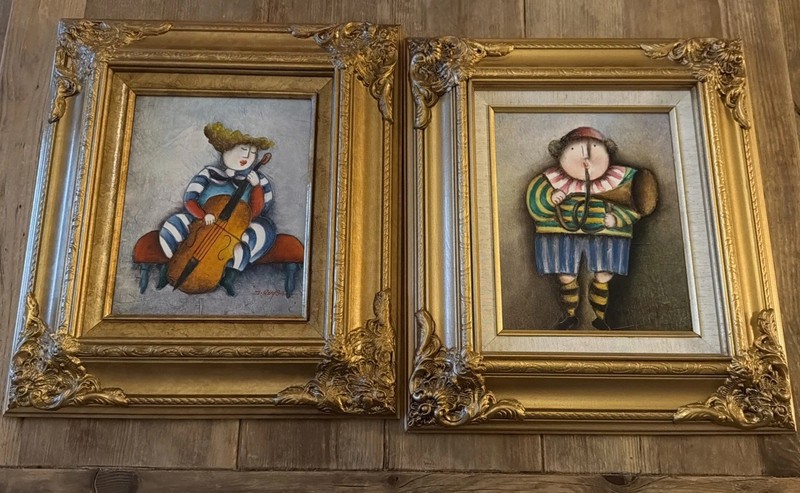 Lot 2 Signed J. Roybal Oil Paintings Lady Cello & Horn Whimsical Original Framed