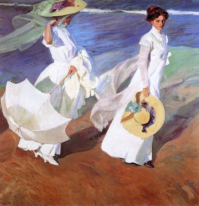 Ｏｉｌ　ｐａｉｎｔｉｎｇ Joaquin Sorolla walk to the shores of the sea young women by beach