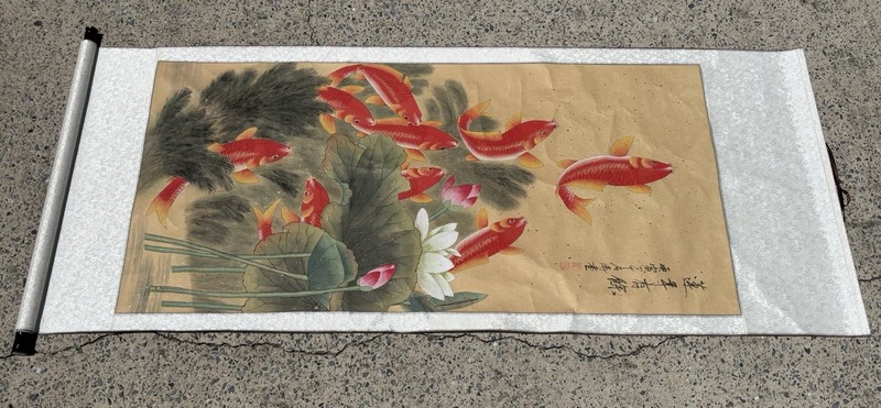 Chinese Fengshui Koi Fish Color Ink Scroll Painting Quality Large Wall Art gallery