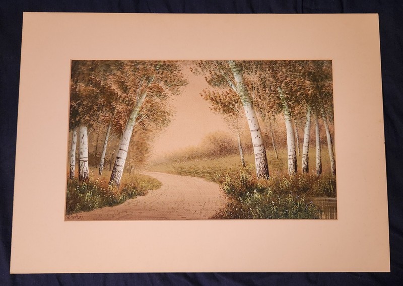 ORIGINAL WORK W. J. VAN HORN SIGNED PAINTING ANTIQUE BIRCH TREES ALONG ROAD