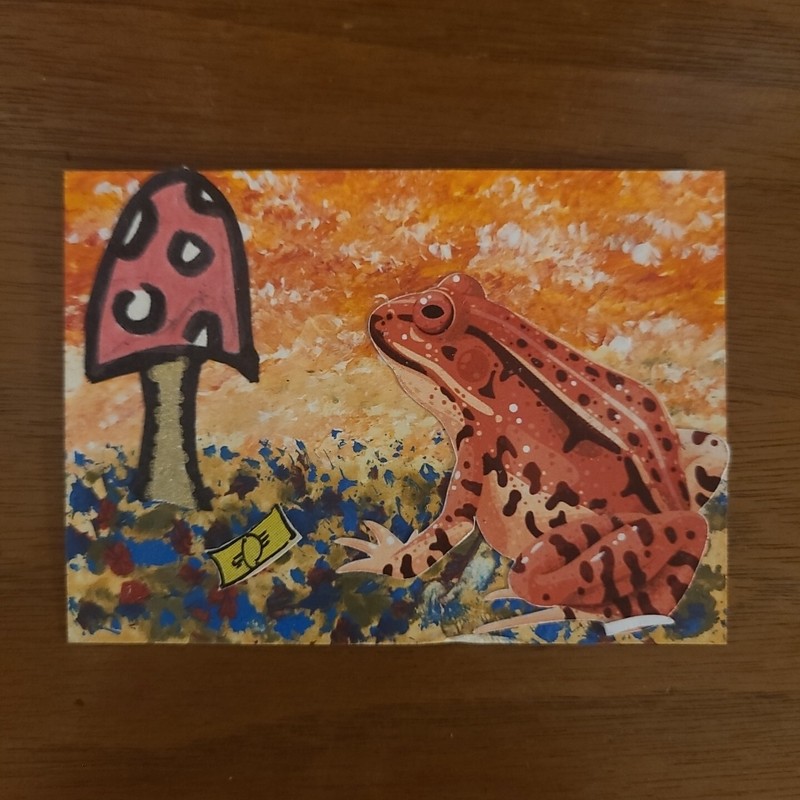 Original PAINTING ACEO MUSHROOM FROG MONEY LOW BROW SURREALISM ASSAMBLAGE Nature