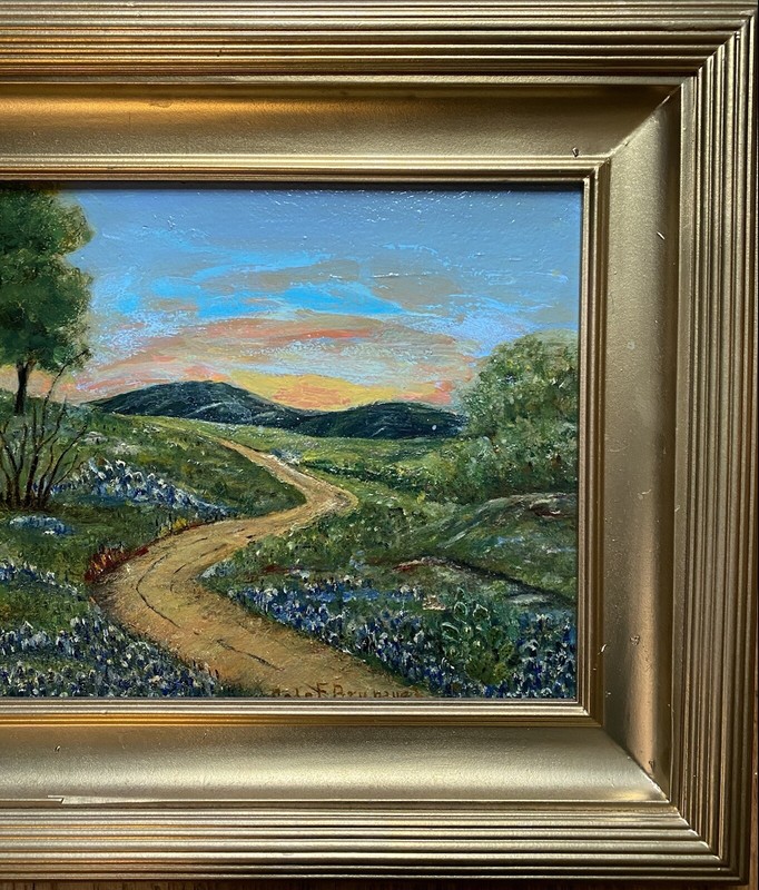 Antique Oil Painting- Bluebonnets With Luminous Skies-Hill Country Landscape gallery
