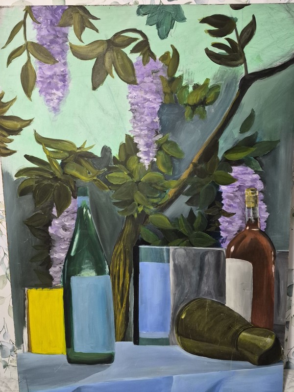 Vintage 28 X 40 Wine Bottle Wisteria Floral Oil Still Life Painting On Masonite gallery
