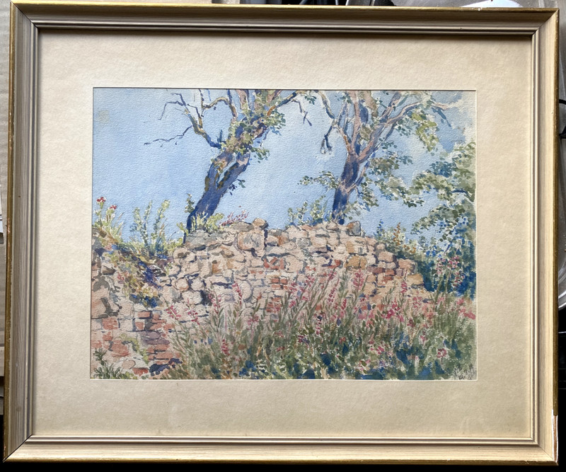 Watercolor Stone Wall °1919 Sky Mediterranean Monogram Signed I.B Frame