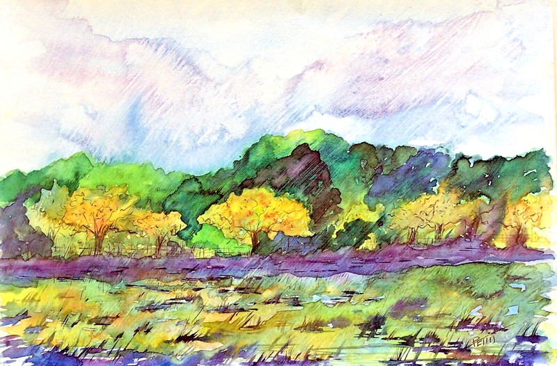 Landscape with Colorful Trees, Grasses, Watercolor Original, LANDSCAPE