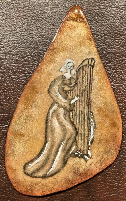 Mid Century Modern Enameled Copper Plaque Woman Harp Celestial Dancers 3.5" gallery