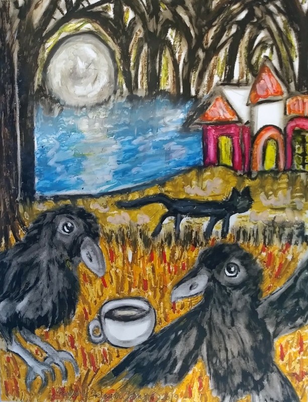 Crow Drinking Coffee Black Cat Haunted House Forest Art Print 5×7 Artist KSams