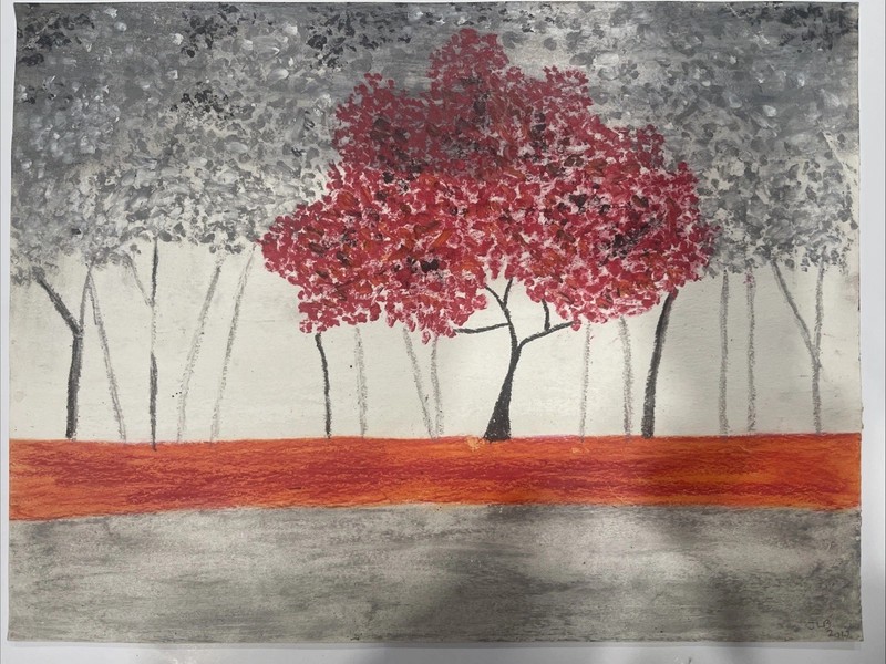 Red Fall Tree, Forest, original Oil Pastel 2×9”