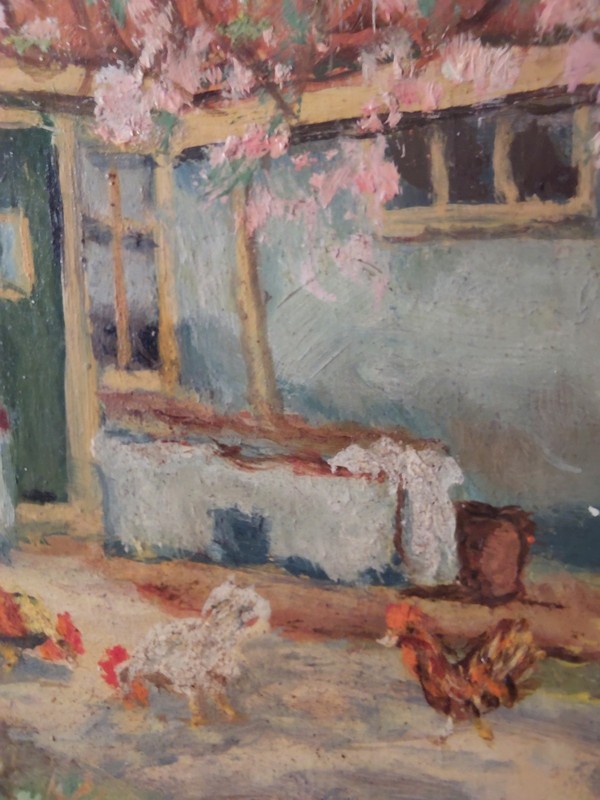 Vintage Petite Oil Painting Cottage Garden with Chickens, Signed F. Reche gallery