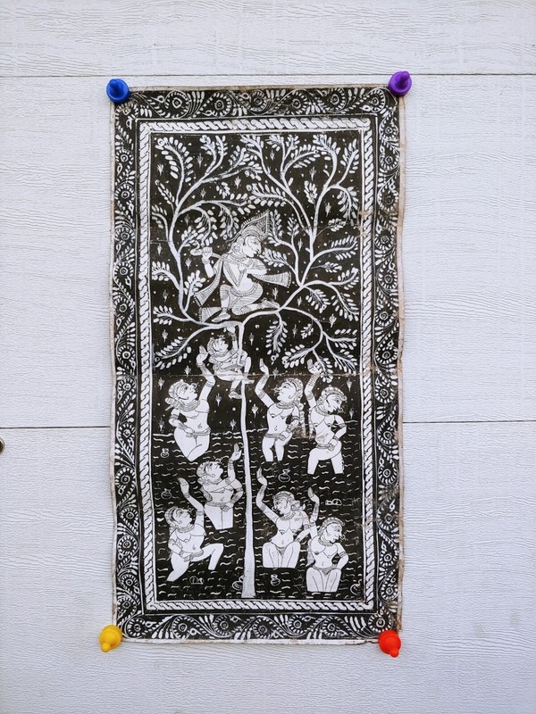 Antique B&W Indian Art Painting Oil Canvas – Radha Krishna Pattachitra Exotic