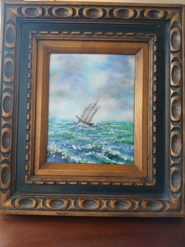 Vintage Painting Signed Raphael Enamel on Copper MCM