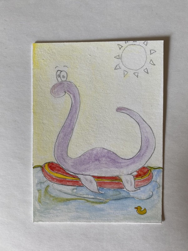 Nessie & Rubber Ducky Loch Ness Monster Watercolor Painting Aceo 2.5 x 3.5in