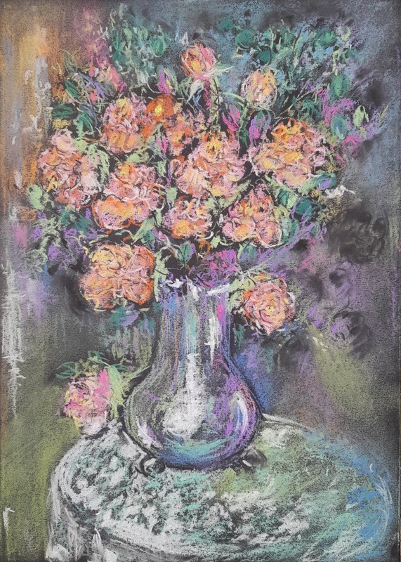 Original Pink Roses Glass Vase Still Life Dry Pastel Painting 8.3×11.4 in