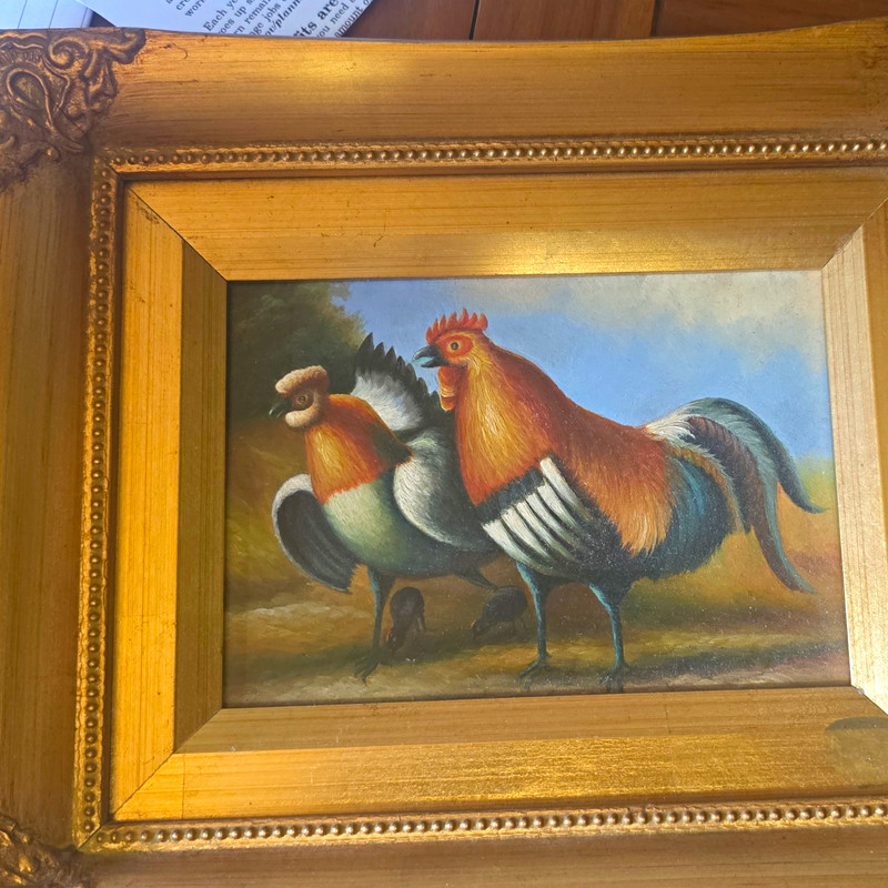 Robert Grace Hand-Painted Framed Roosters Oil Painting on Paper Folk Art Small