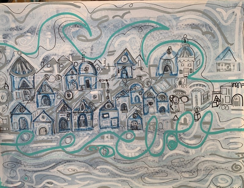 Village Painting Prosperity And Dreams Blue Abstract Ink Painting For Abundance