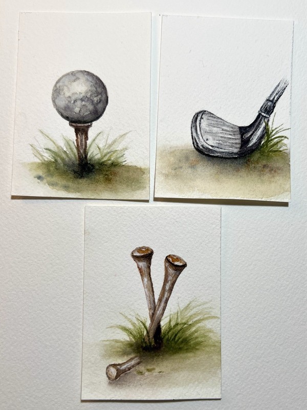 Original ACEO Watercolor Golf Paintings – Golf Ball, Tees & Club – Set of 3
