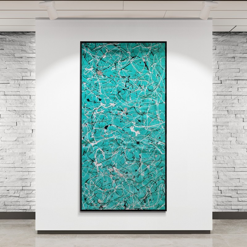 XXL Jackson Pollock Style Mint Green Abstract Art Textured Painting 59x30 in gallery