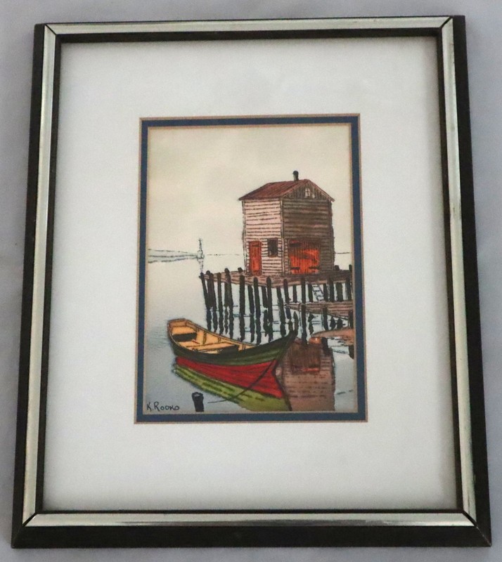 KONSTANTINE RODKO FISHING BOAT AT DOCK RUSSIA WATERCOLOR PAINTING