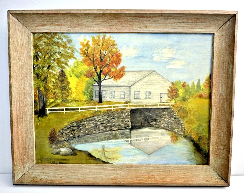 Original Landscape Painting Artist Signed Covered Bridge River Country Town 1955