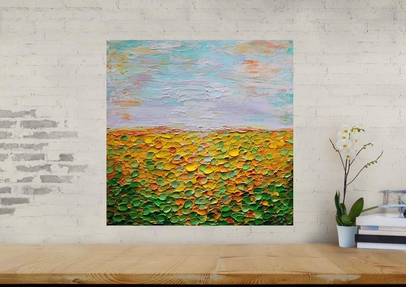 Abstract Sunflower Landscape Sunset Orange Green Yellow Original 16x16 Painting gallery