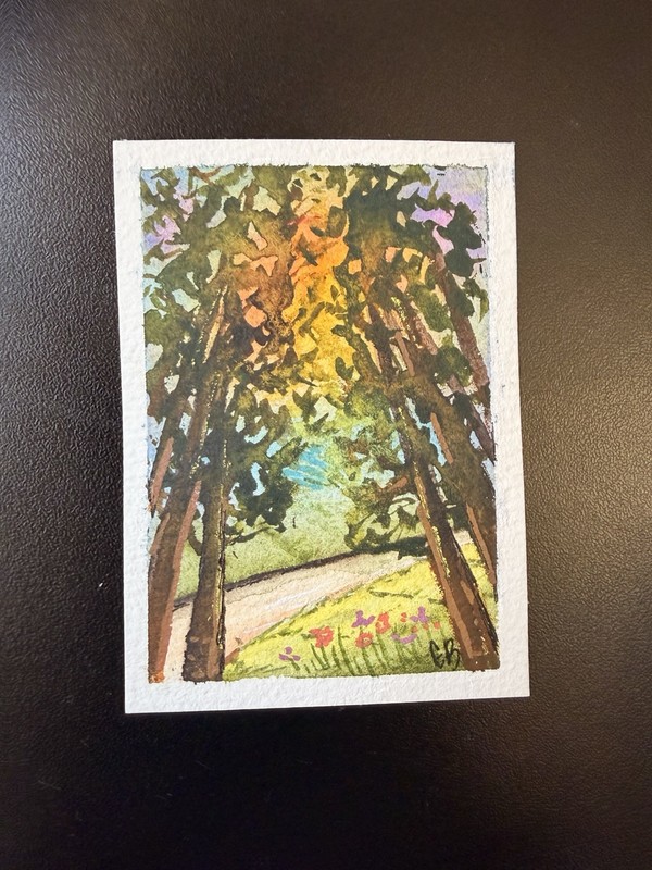 ACEO Country Road At Sunset, Through The Trees, Colorful, Relaxing Art Card