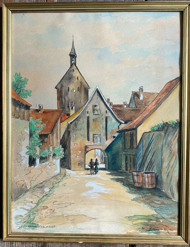 Illegible Signed Reichenweier In Alsace Bell Tower City Wall Old Antique
