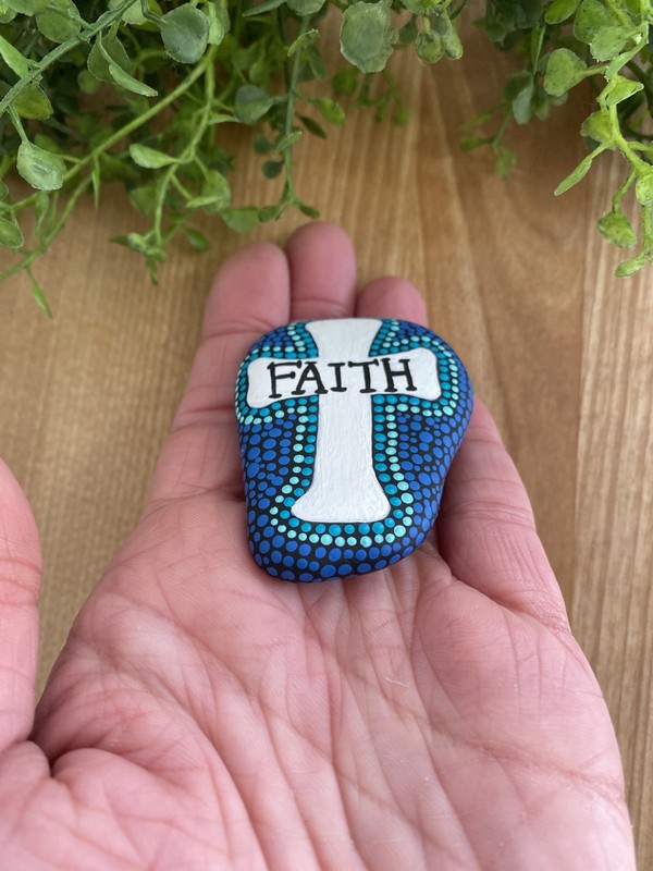 Handpainted Rock W/ Cross Design & The Word Faith Dot Painting gallery