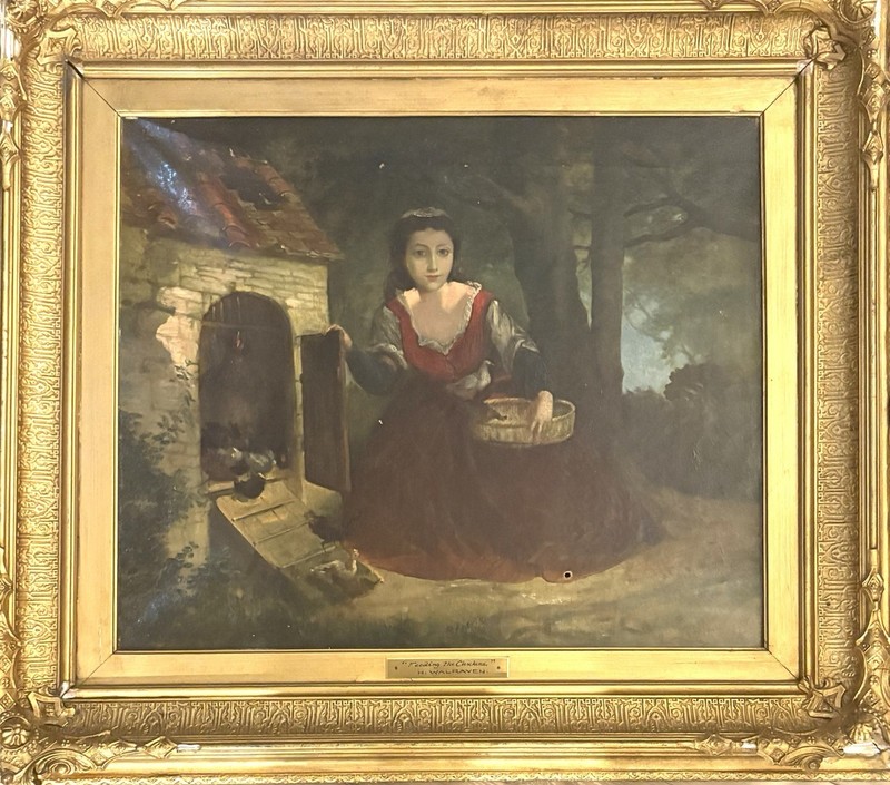 19th Century Lady Feeding Chickens Oil Painting On Canvas