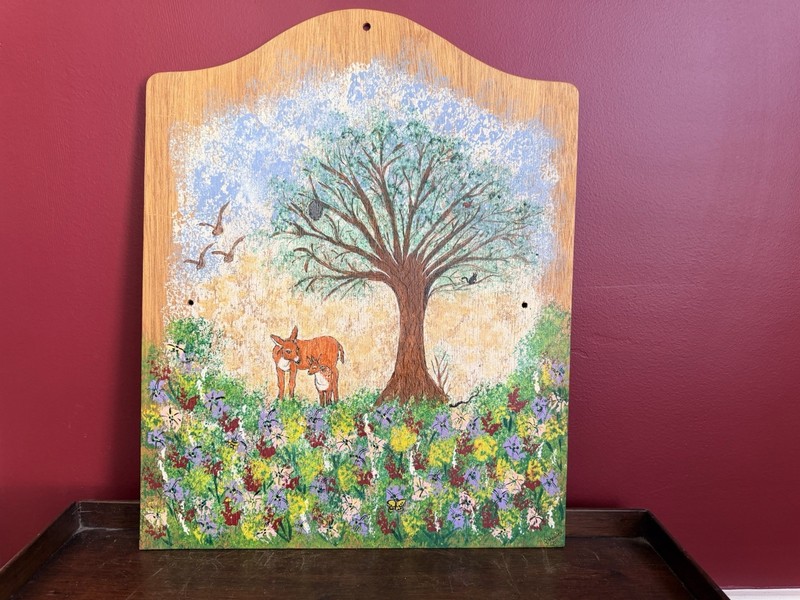 Whimsical Folk Art Style Painting Deer And Fawn On Wooden Plaque Signed 2011