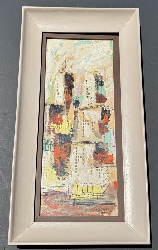Danti MCM abstract city street scene Oil Painting Signed Custom Frame 25”x13”