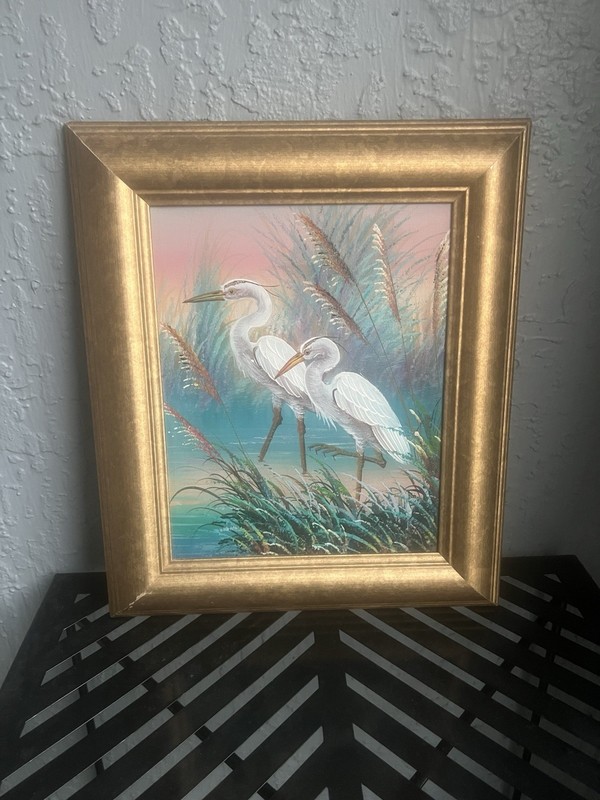 Alan A Maley Original Oil Painting Signed White Egrets Gold Frame 11 x 13