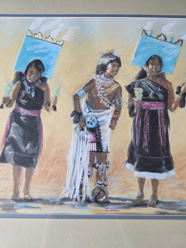 Native American Art "Hopi Initiation" Ceremony Signed Pastel. 23"x28" 1987. gallery