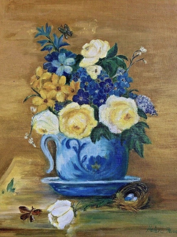 Yellow Rose of Texas Bluebells Butterfly Bird Matte Oil Art Painting Framed ❤️