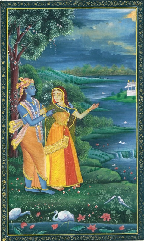 Indian Painting Of Radha Krishna Love Scene Religious Art On Silk 7x11 Inches gallery