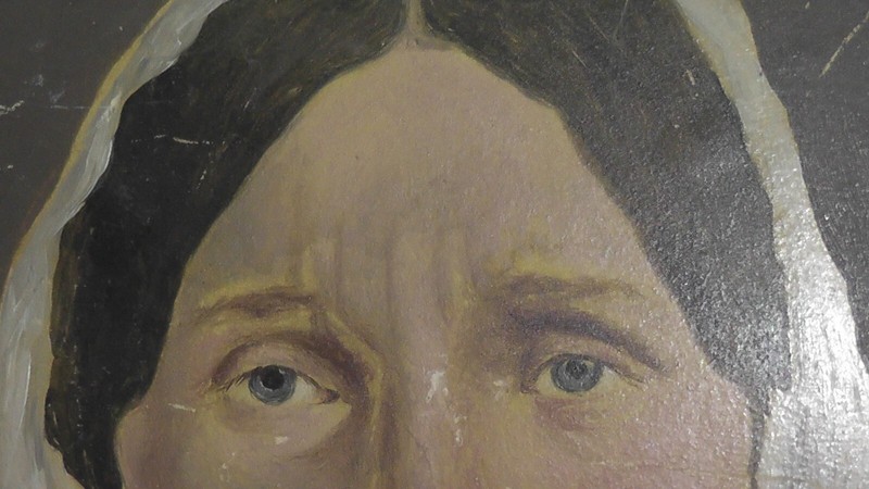 24x18 painting very old 1800s ? on thin metal woman housewife conservative usa gallery
