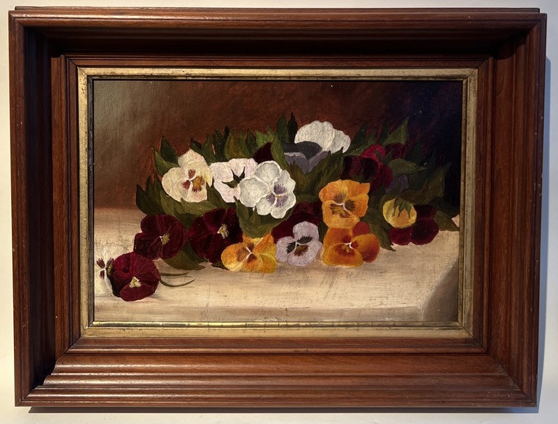 Victorian Oil On Panel Framed Painting Of Pansies Violet Flowers Folk Primitive